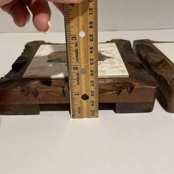 Vintage Dal-Tile Mexico Trivets Set of 2 Hand Carved Wood Frames Kitchen Fruit - Picture 10 of 10